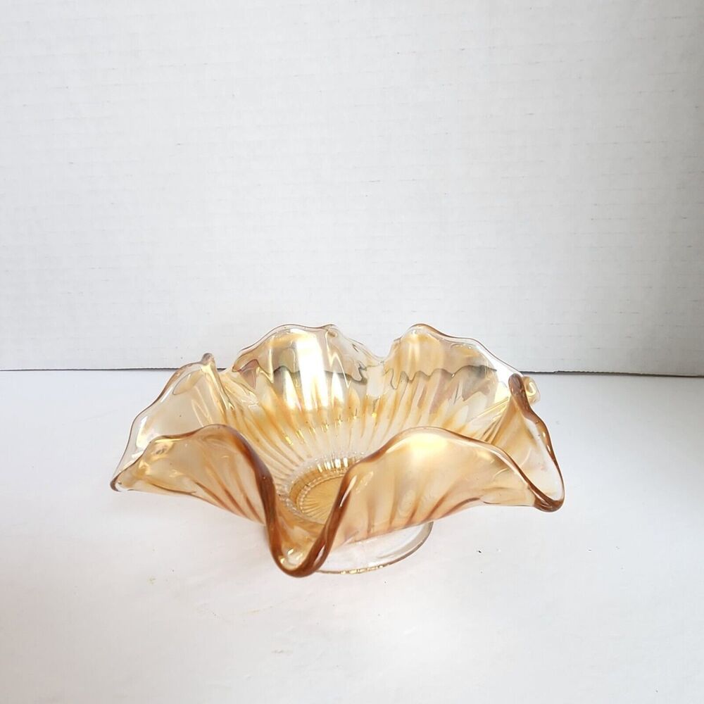 Fenton Imperial Marigold Smooth Rays Iridescent Carnival Glass Ruffled Bowl 6.5"